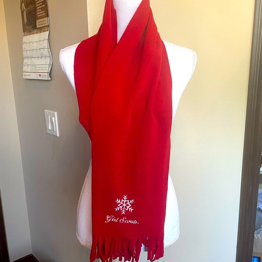 GIRL SCOUT RED White Winter SNOWFLAKE Scarf Tassel Warm Soft Polyester 63”